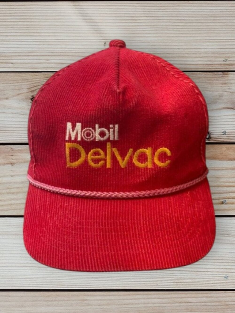 Vintage 80's "Mobil Delvac" Red Corduroy Snapback Trucker Hat Cap Made in USA